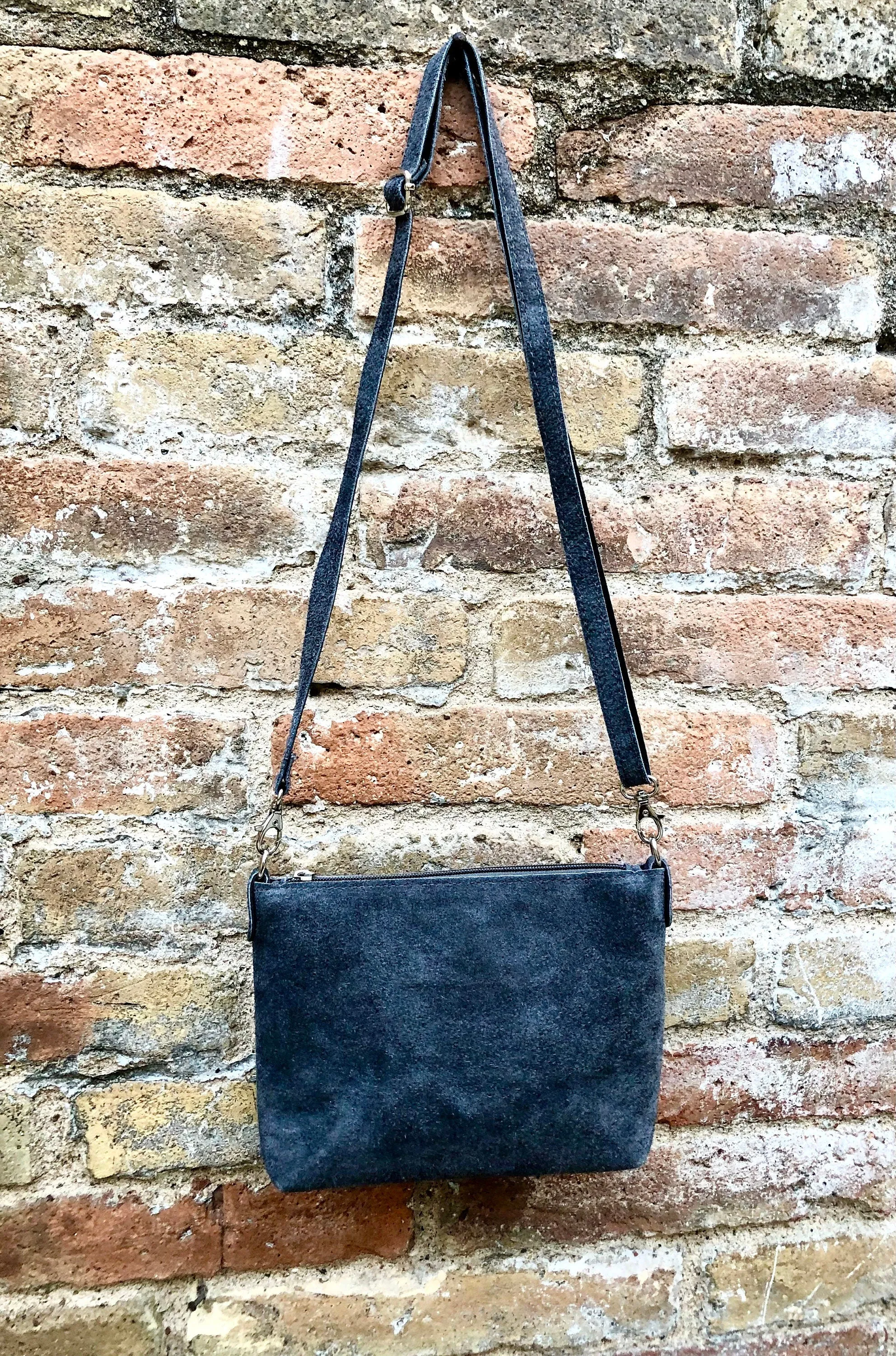 Suede leather bag in dark GRAY. Cross body bag, shoulder bag in GENUINE  leather. Small leather bag in  dark GRAY