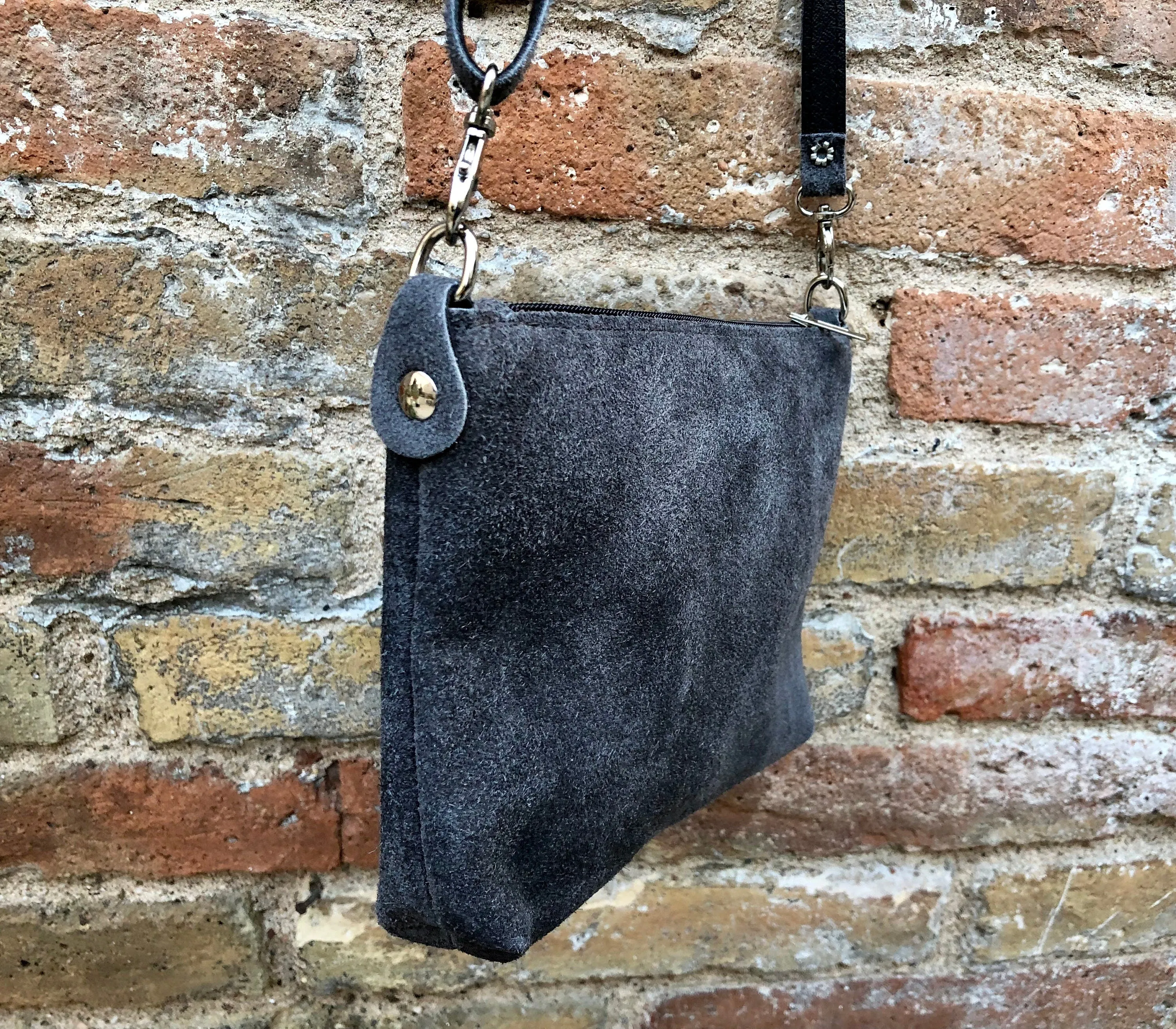 Suede leather bag in dark GRAY. Cross body bag, shoulder bag in GENUINE  leather. Small leather bag in  dark GRAY