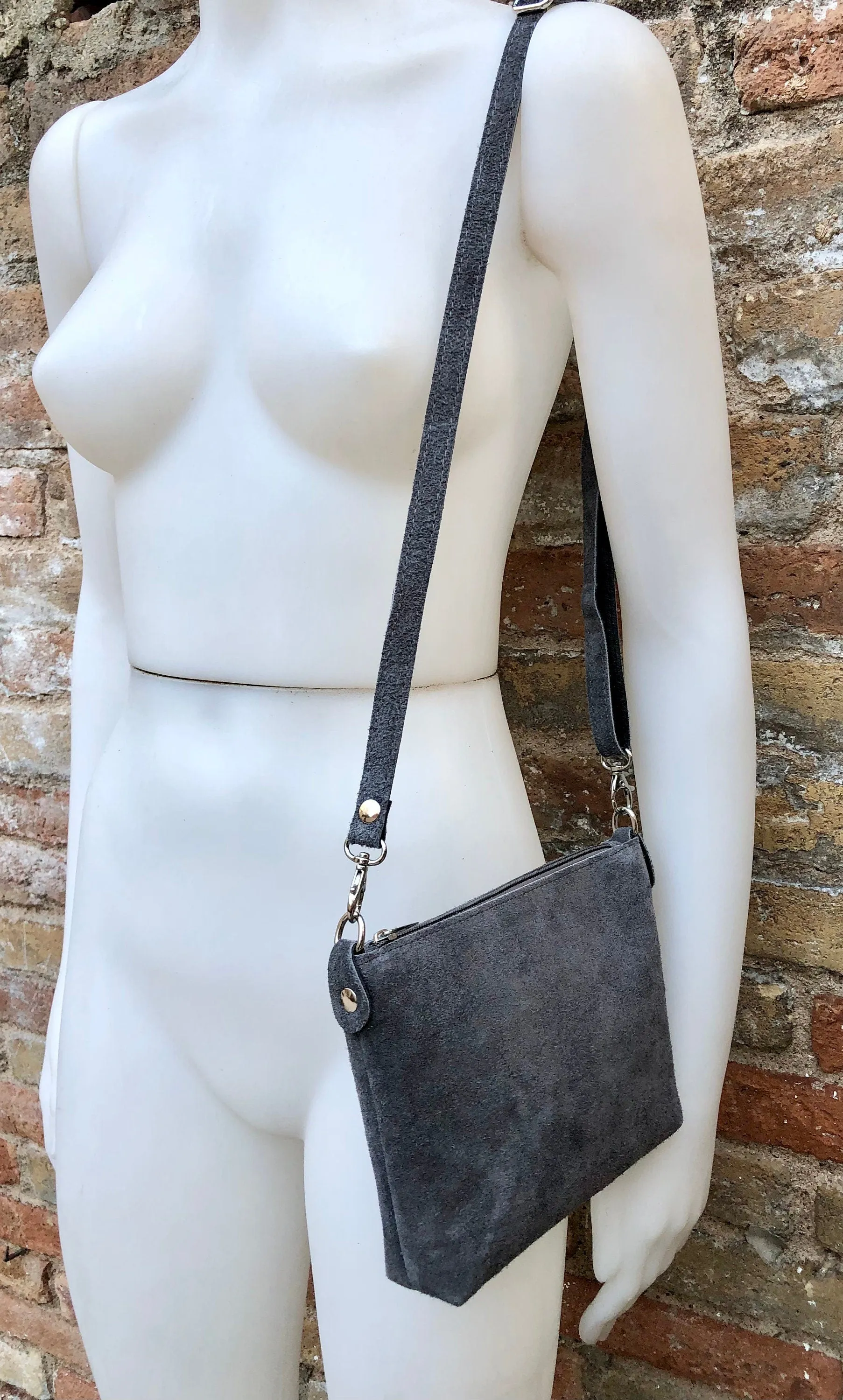 Suede leather bag in dark GRAY. Cross body bag, shoulder bag in GENUINE  leather. Small leather bag in  dark GRAY