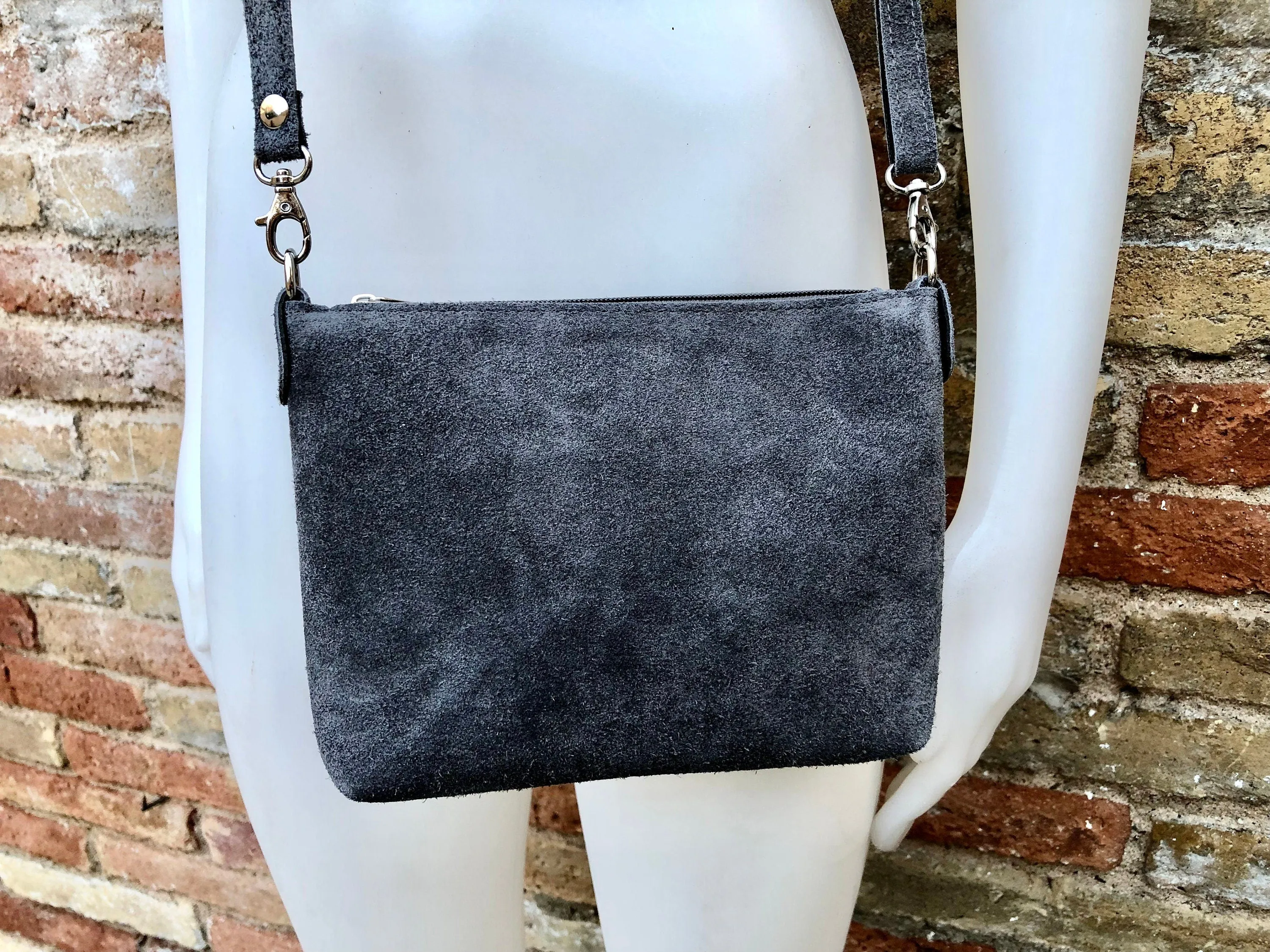Suede leather bag in dark GRAY. Cross body bag, shoulder bag in GENUINE  leather. Small leather bag in  dark GRAY