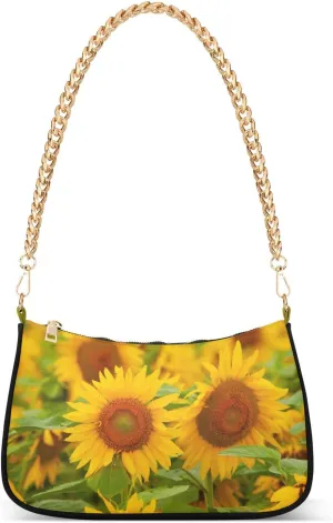 Sunflower Field Blossom Shoulder Handbags for Women Travel Hobo Tote Handbag Women Gold Chain Shoulder Bags Purse with Zipper Closure