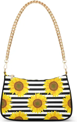 Sunflowers on A Striped Black and White Shoulder Handbags for Women Travel Hobo Tote Handbag Women Gold Chain Shoulder Bags Purse with Zipper Closure