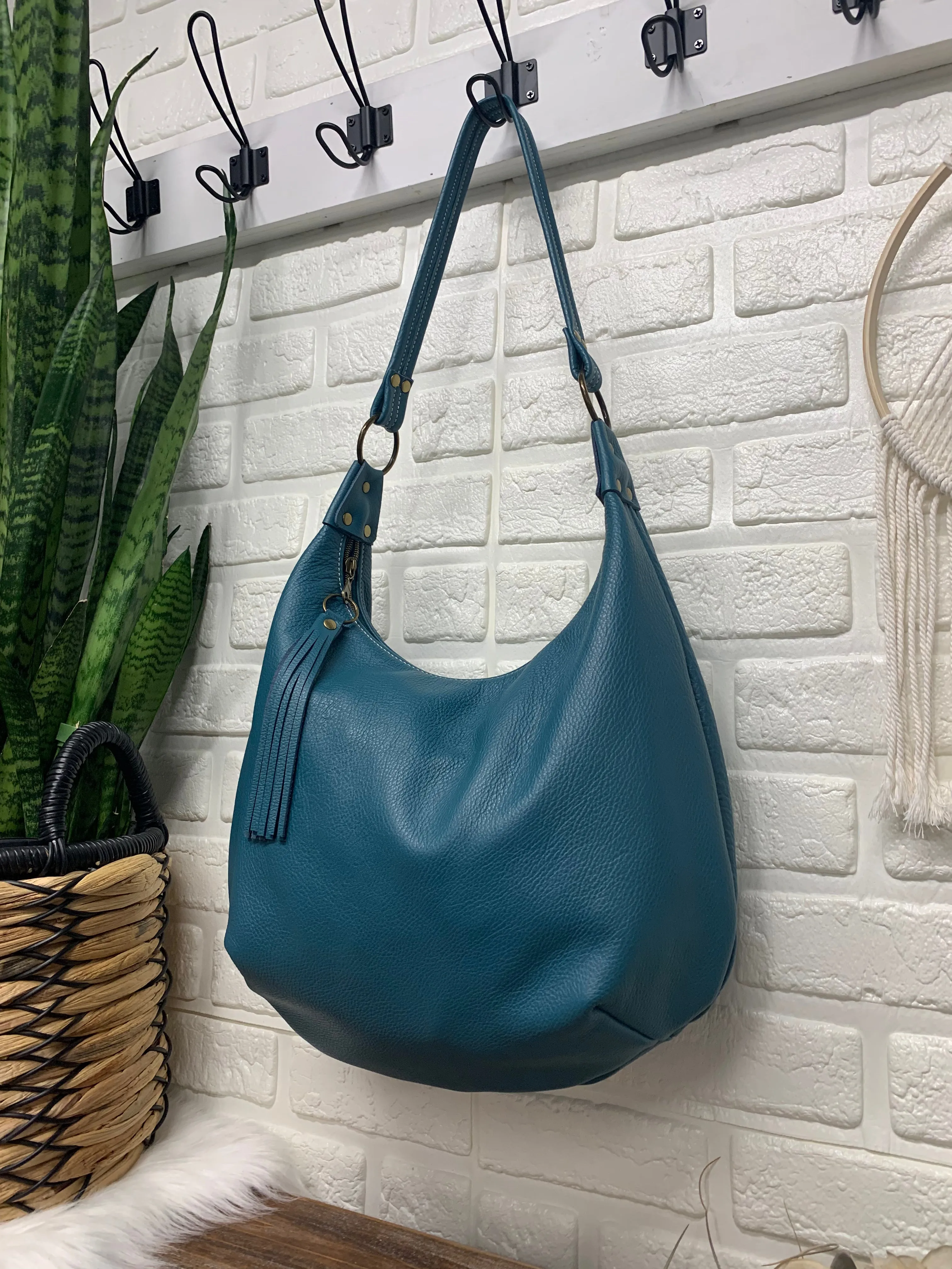 Teal leather hobo bag,  genuine leather handbag