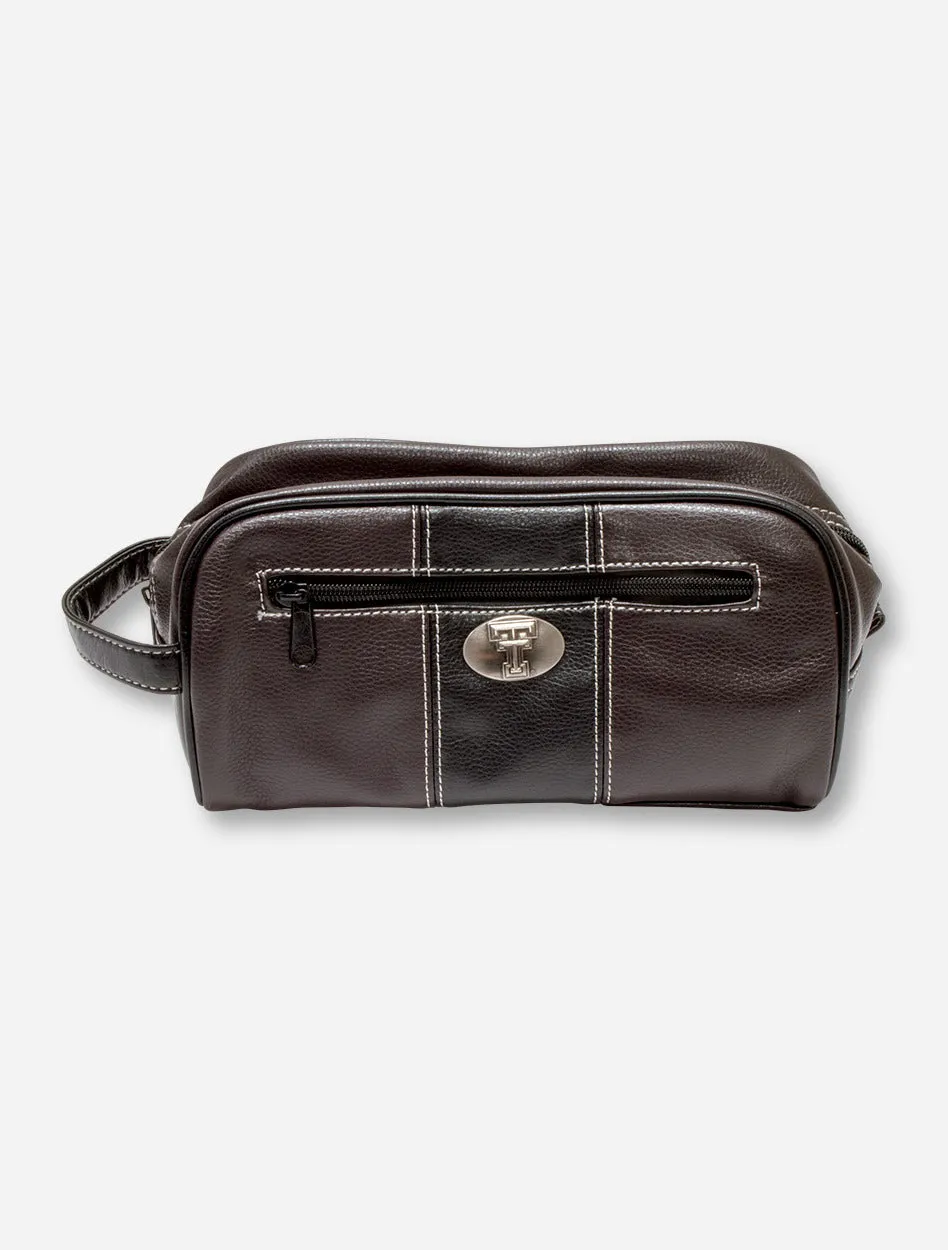 Texas Tech Double T Emblem on Brown & Black Leather Toiletry Bag