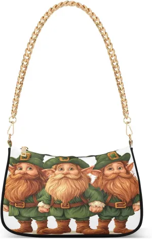 Three Green Elf St. Patrick's Day Shoulder Handbags for Women Travel Hobo Tote Handbag Women Gold Chain Shoulder Bags Purse with Zipper Closure