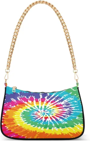 Tie Dye Shoulder Handbags for Women Travel Hobo Tote Handbag Women Gold Chain Shoulder Bags Purse with Zipper Closure
