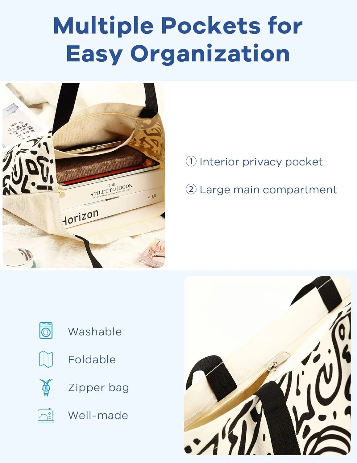 Tote Bag Aesthetic Canvas Handbags with Zipper for Women Travel Shoulder Bags Purses with compartments