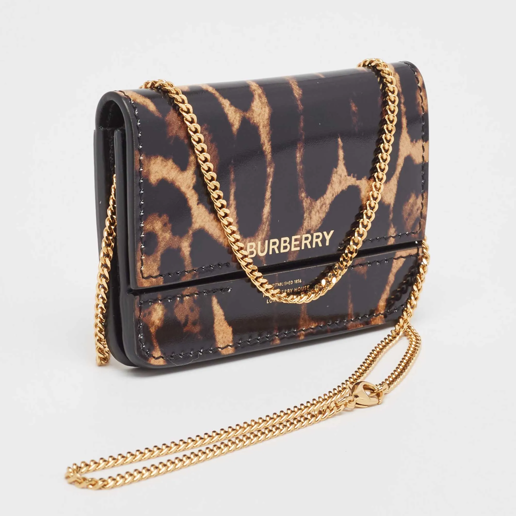 Trendy Inspired Burberry Black/brown Leopard Print Leather Jody Chain Card Case