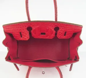 Trendy Inspired Hermes Birkin 30cm Crocodile Head Vein Handbags Red Silver