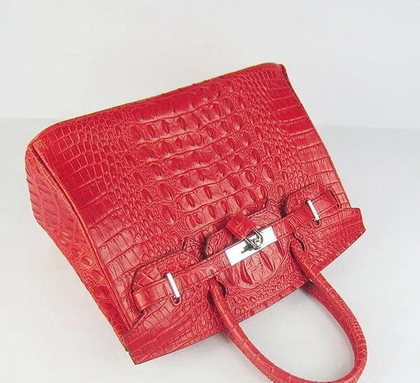 Trendy Inspired Hermes Birkin 30cm Crocodile Head Vein Handbags Red Silver