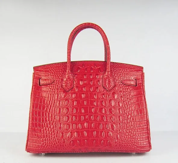 Trendy Inspired Hermes Birkin 30cm Crocodile Head Vein Handbags Red Silver