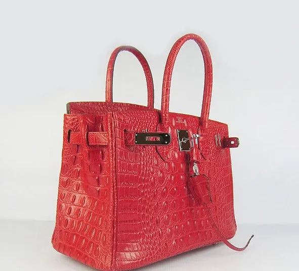 Trendy Inspired Hermes Birkin 30cm Crocodile Head Vein Handbags Red Silver