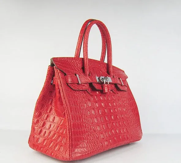 Trendy Inspired Hermes Birkin 30cm Crocodile Head Vein Handbags Red Silver