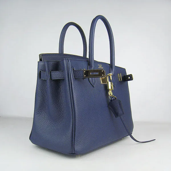 Trendy Inspired Hermes Birkin 30cm Togo Leather Handbags Dark Blue Golden