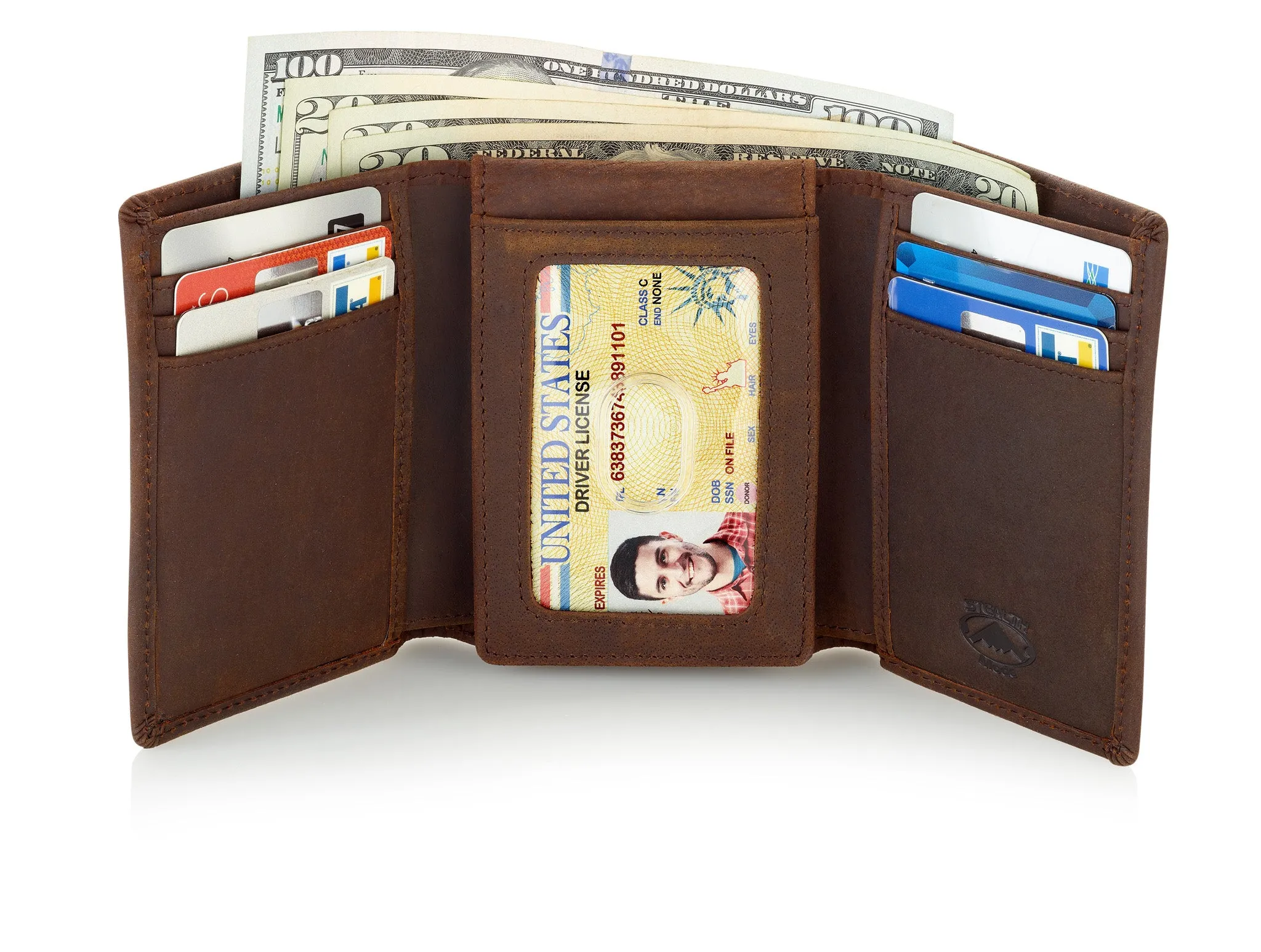 Trifold Leather Wallet for Men with ID Holder and RFID Blocking (Brown)