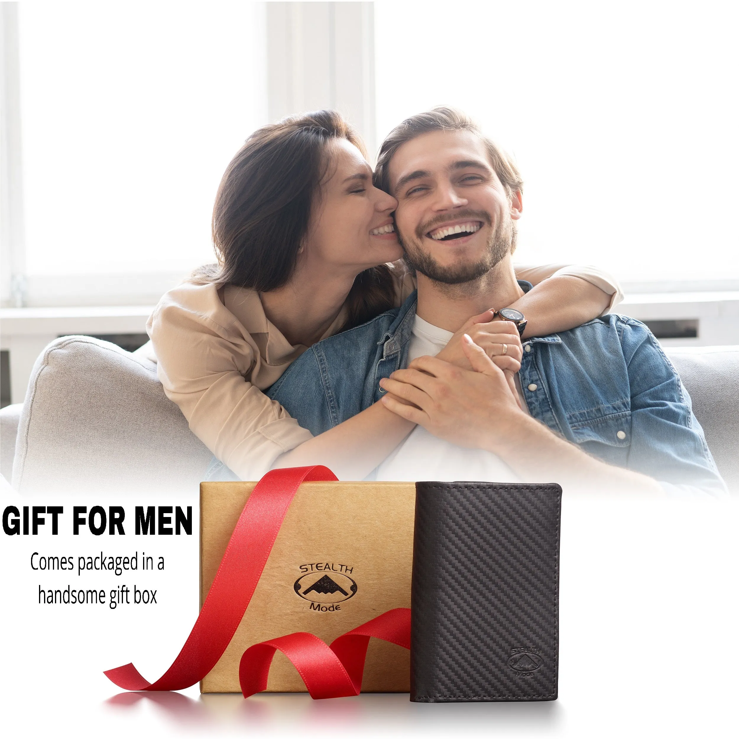 Trifold Leather Wallet for Men with ID Holder and RFID Blocking (Carbon Fiber)