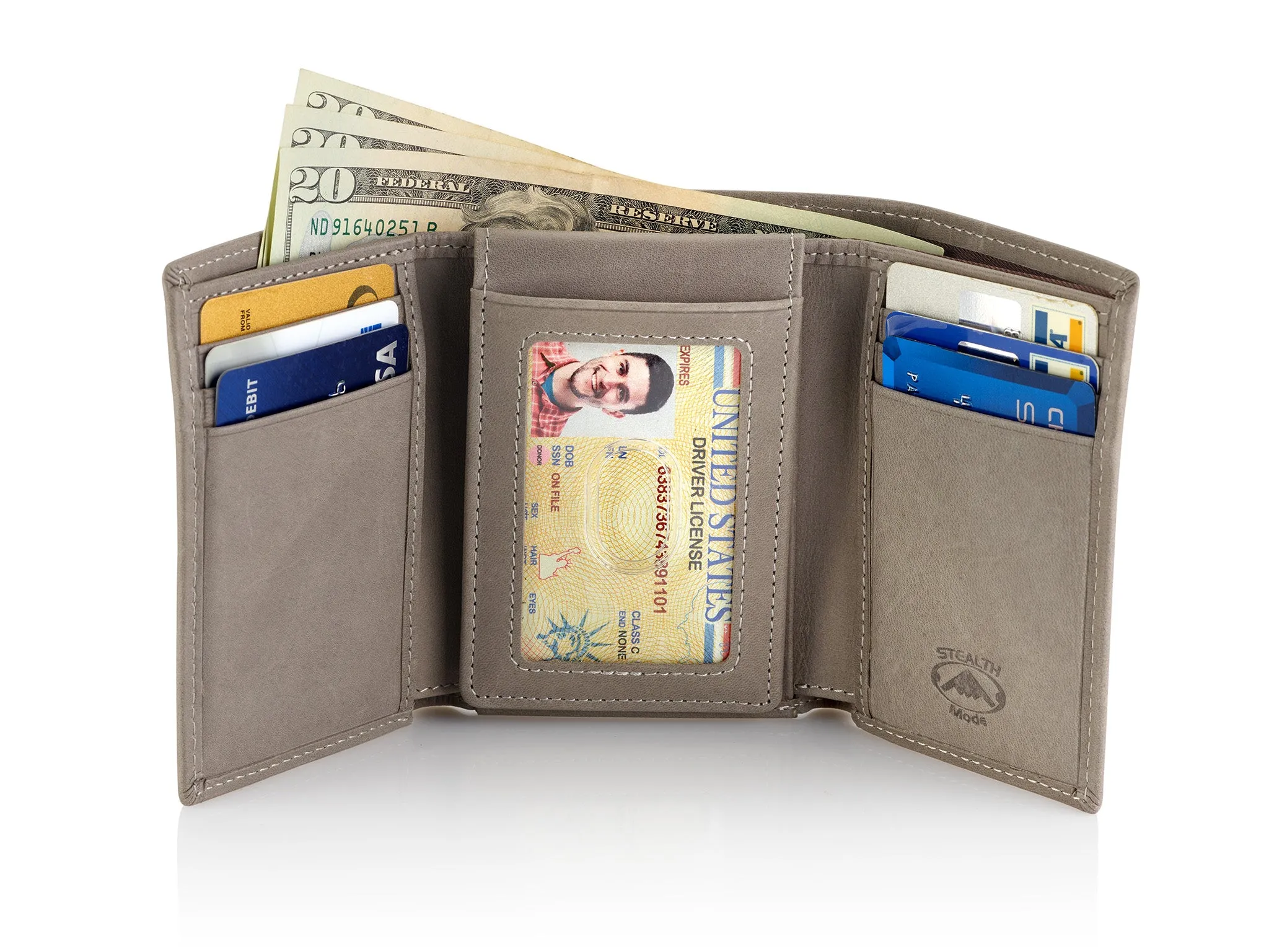 Trifold Leather Wallet for Men with ID Holder and RFID Blocking (Grey)