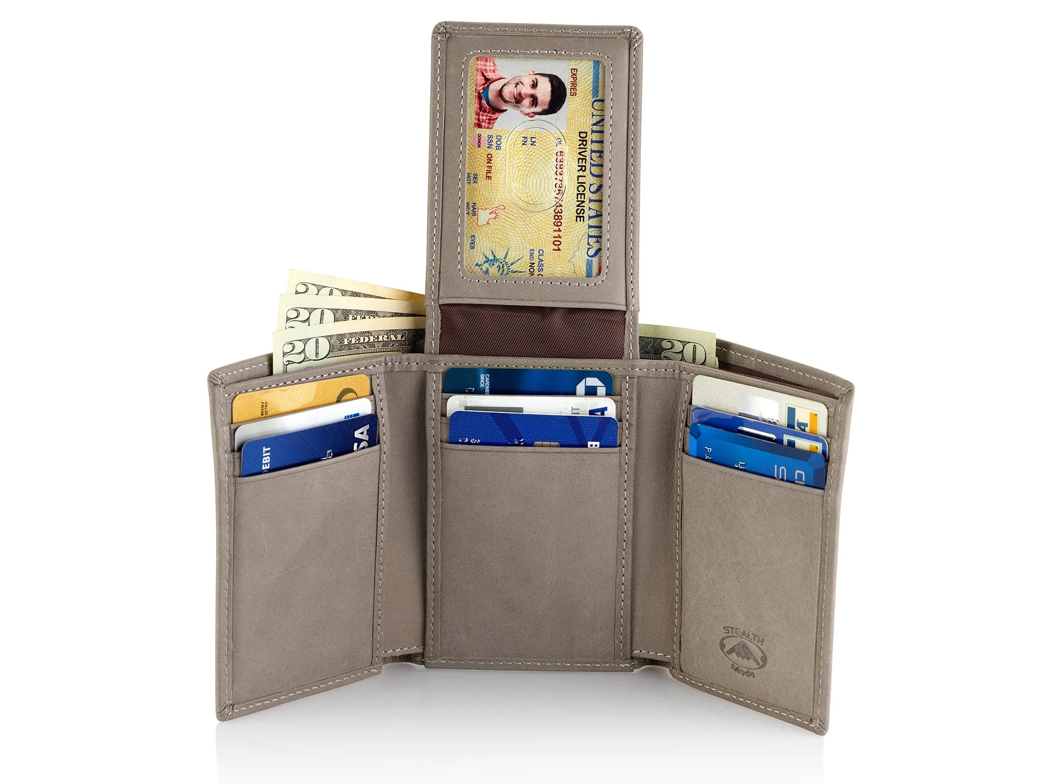 Trifold Leather Wallet for Men with ID Holder and RFID Blocking (Grey)