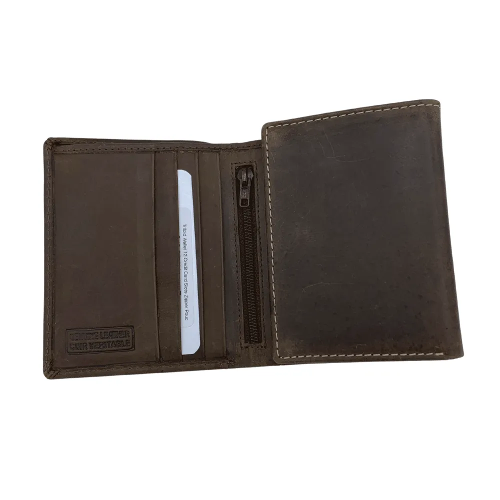 Trifold Wallet 12 Credit Card Slots Zipper Pouch with Genuine Leather - 8003 - Multi Colours