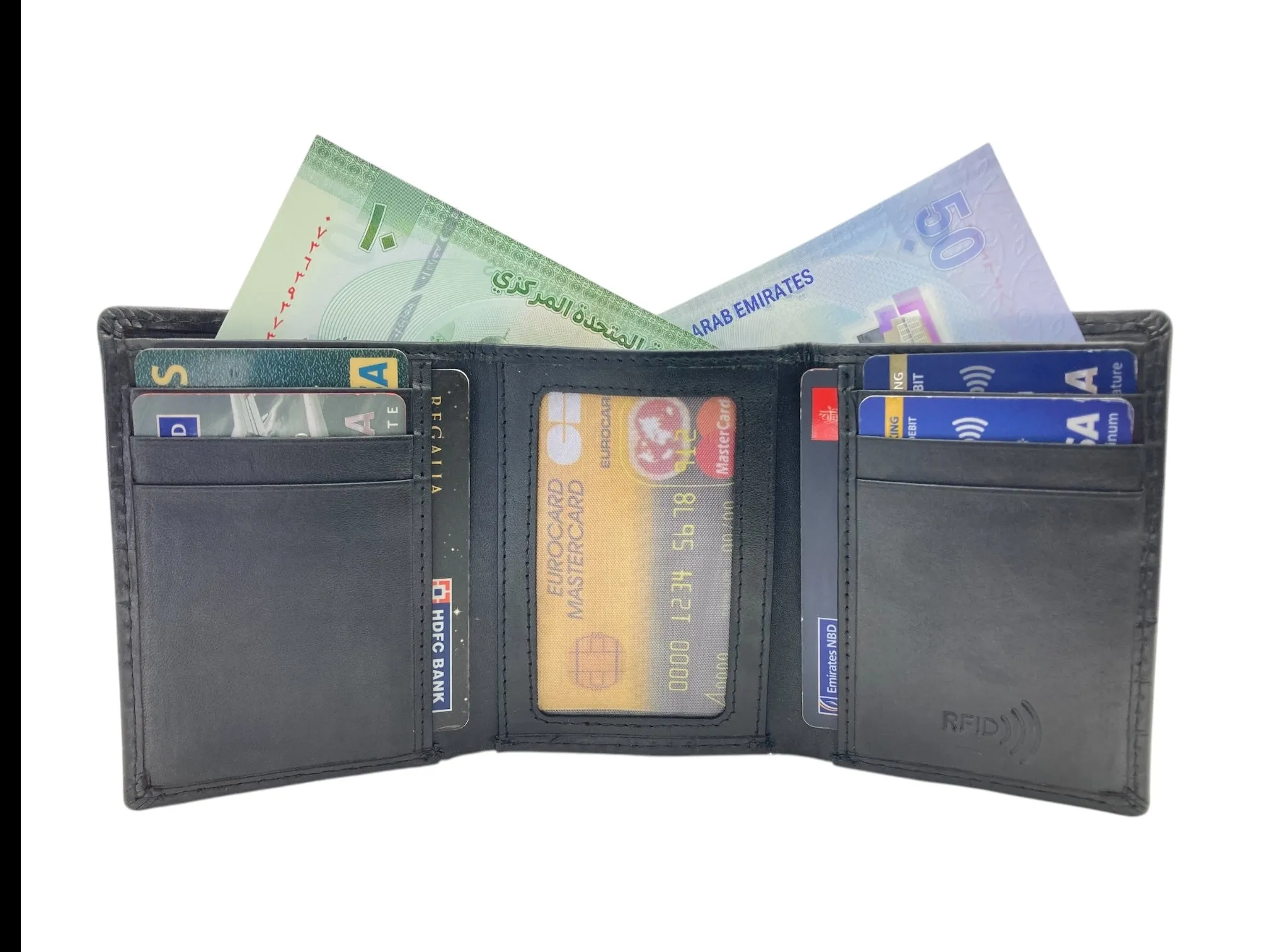 Trifold Wallet RFID Slim Wallets 10 Card Double Stitch # 1508 [Elastic]