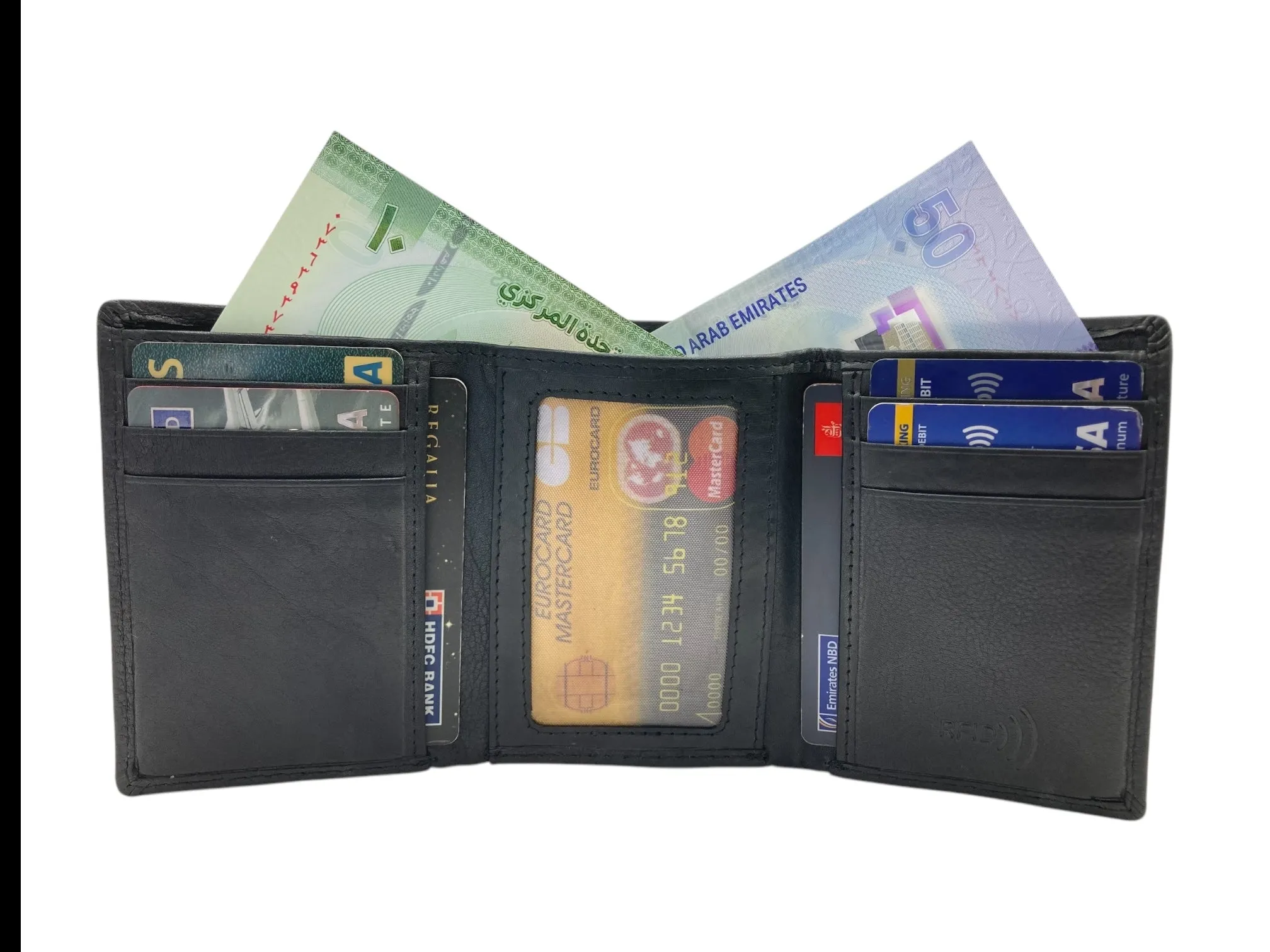 Trifold Wallet RFID Slim Wallets 10 Card Double Stitch # 1508 [Elastic]