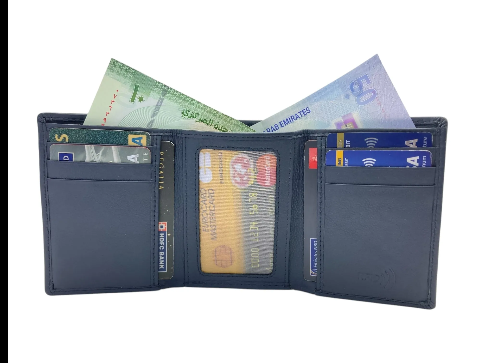 Trifold Wallet RFID Slim Wallets 10 Card Double Stitch # 1508 [Elastic]