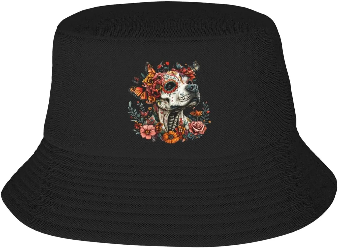 Unisex Bucket Hats for Pitbull Skull Butterfly Floral Sun Beach Hat Wide Brim Summer Fisherman's Caps UPF 50  Black