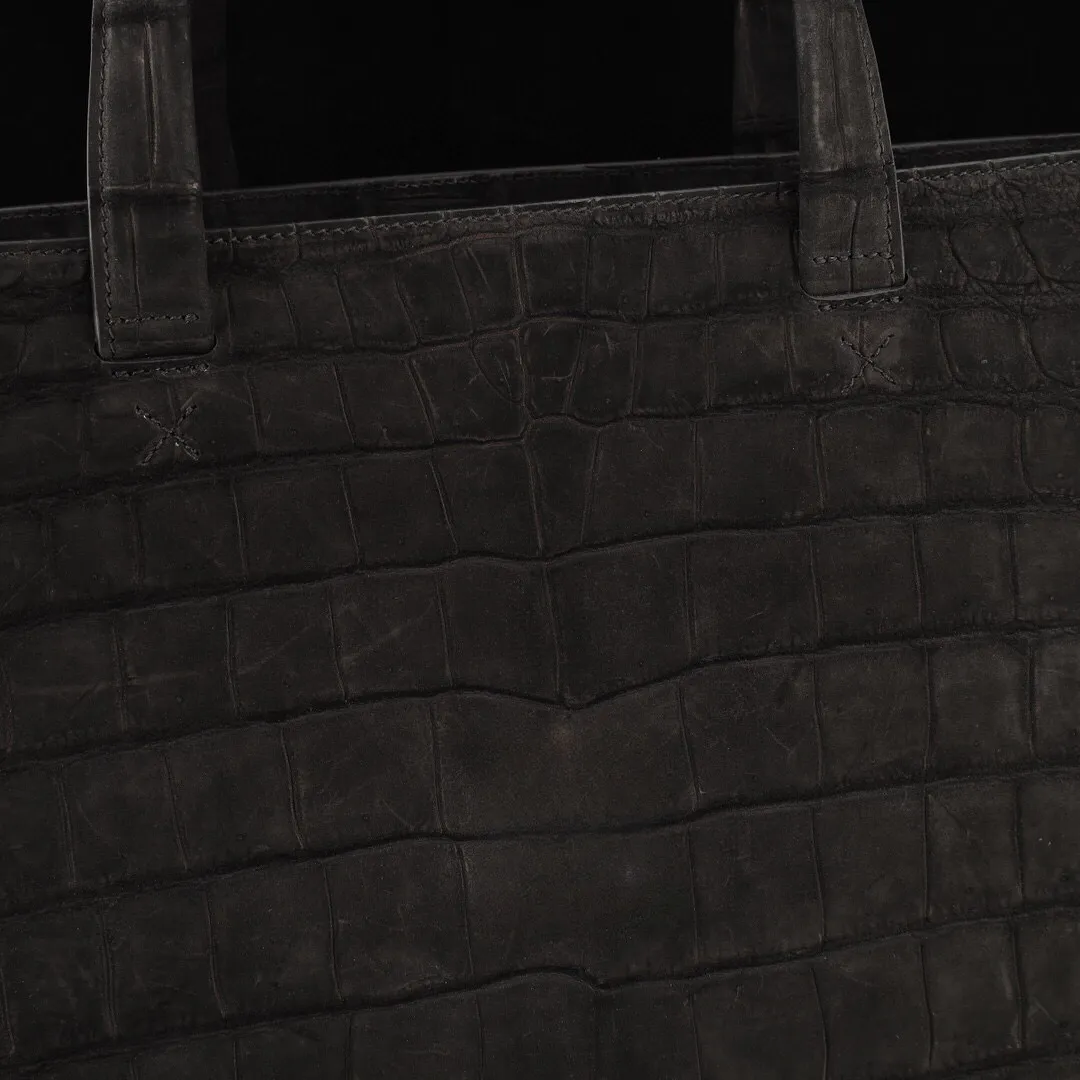 Unisex Sanded Genuine Crocodile Skin Leather Large Shopper Hobo Tote Bags Black