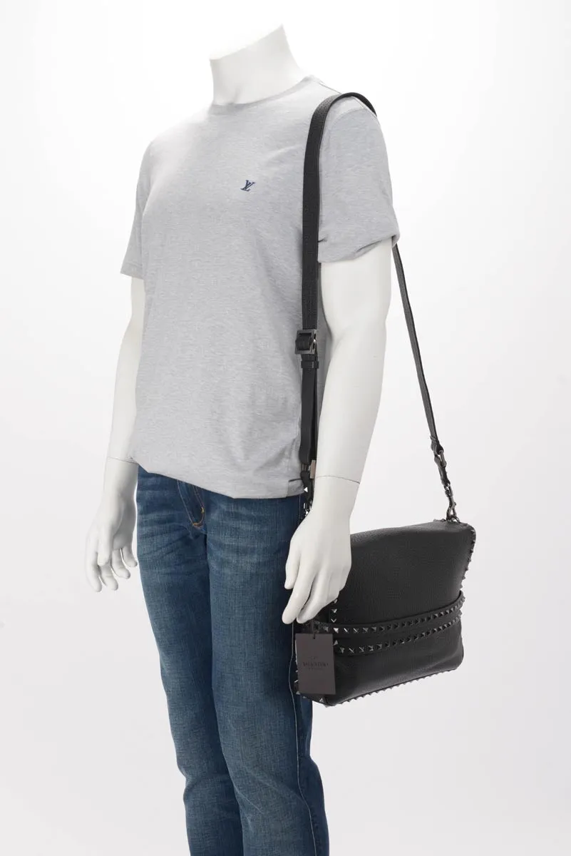 Valentino Black Grained Calfskin Rockstud Messenger Bag