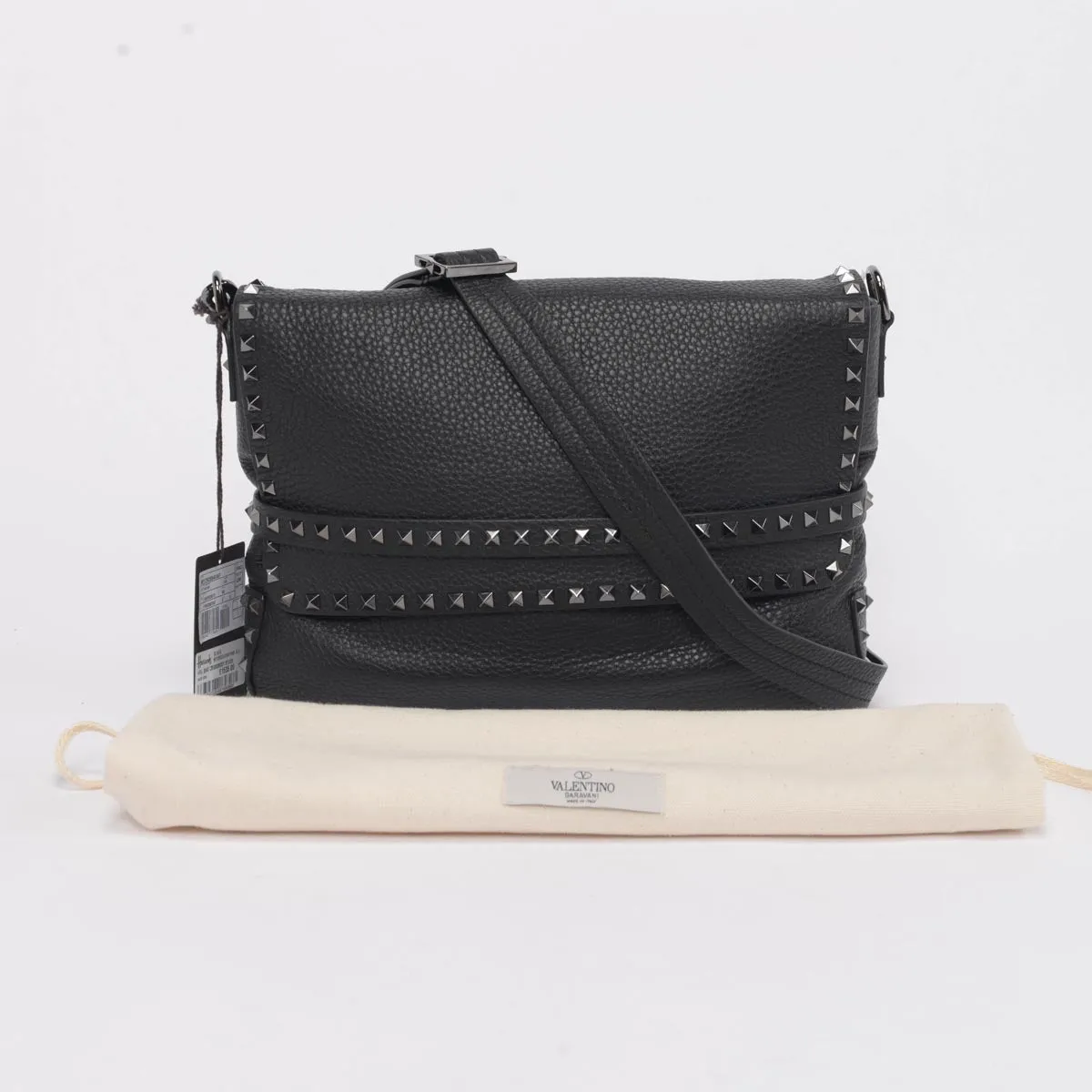 Valentino Black Grained Calfskin Rockstud Messenger Bag