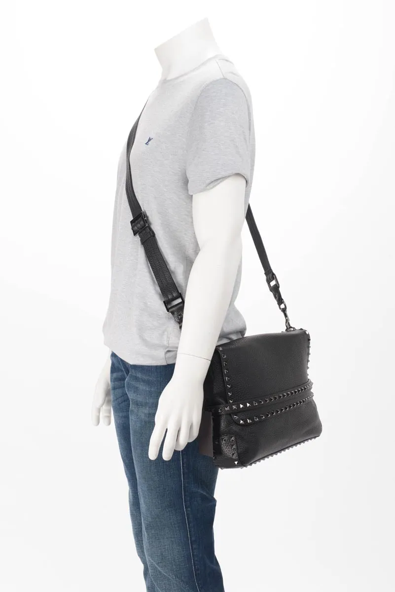 Valentino Black Grained Calfskin Rockstud Messenger Bag
