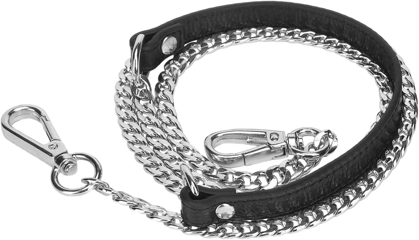 VanEnjoy 12MM Replacement Chain & Genuine Leather Shoulder Crossbody Straps for Handbags Purse Bags (Black-Silver Metal)