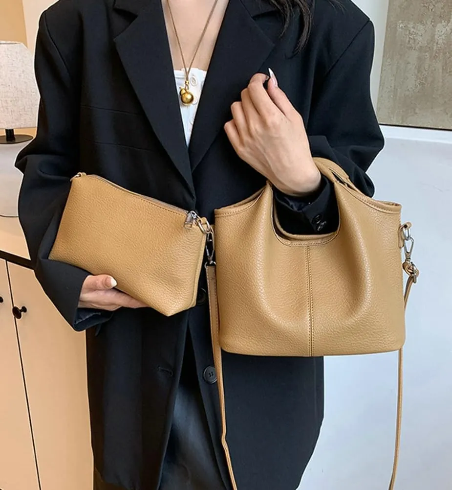 Vintage Vegan Leather Shoulder Crossbody Bag for Women Small Bucket Tote Satchels Purse Travel Work Handbag 2pcs