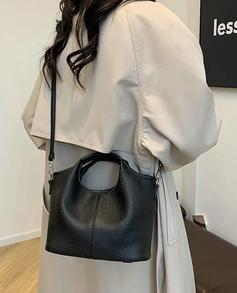 Vintage Vegan Leather Shoulder Crossbody Bag for Women Small Bucket Tote Satchels Purse Travel Work Handbag 2pcs