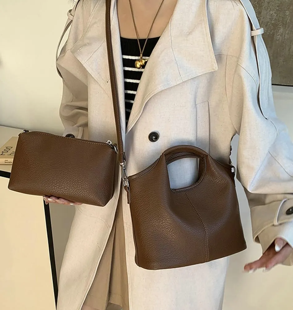 Vintage Vegan Leather Shoulder Crossbody Bag for Women Small Bucket Tote Satchels Purse Travel Work Handbag 2pcs