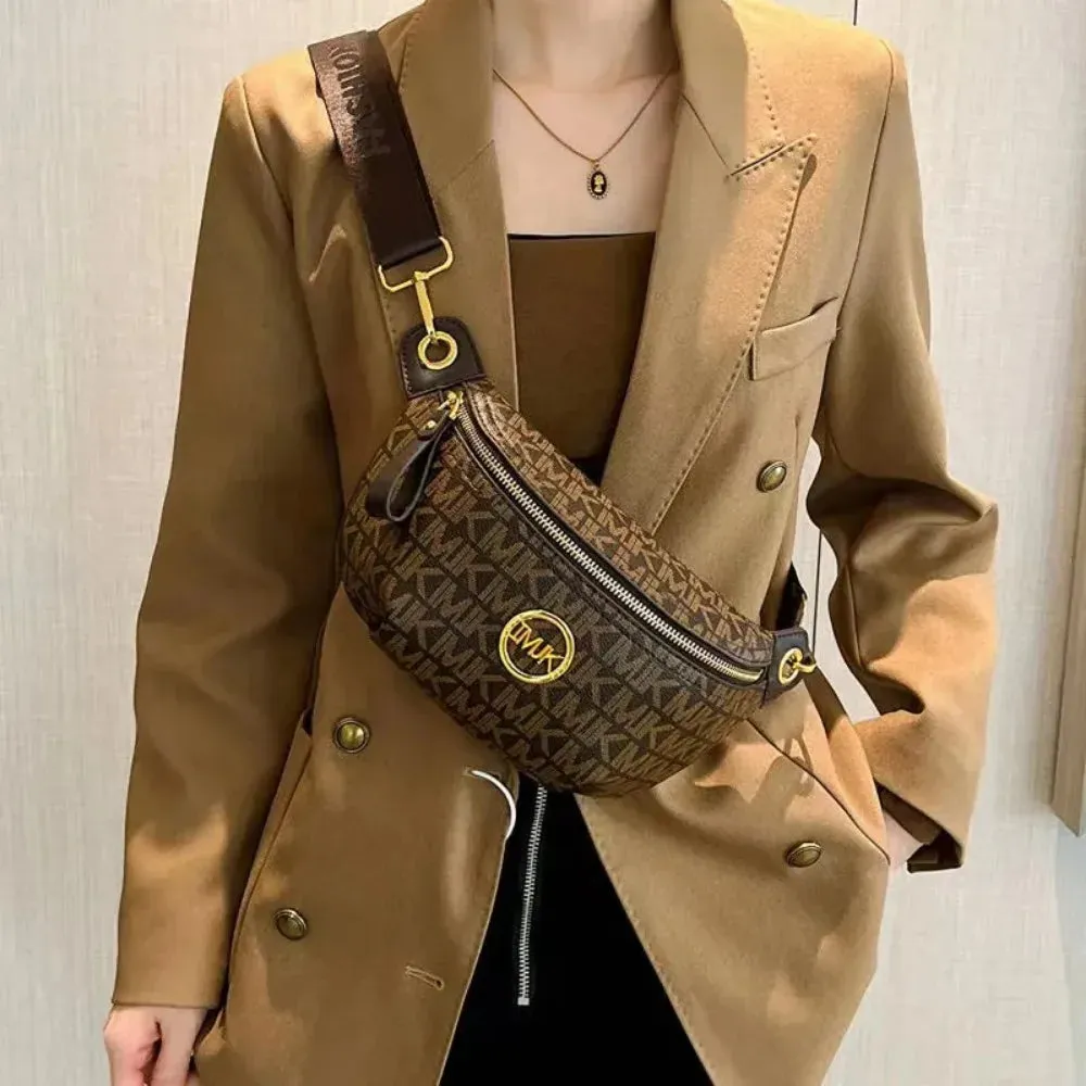 Vintage Women's Shoulder Bag: Printed Letter Crossbody Chest Bag with Adjustable Strap, Designer Luxury Soft Leather Waist Pack