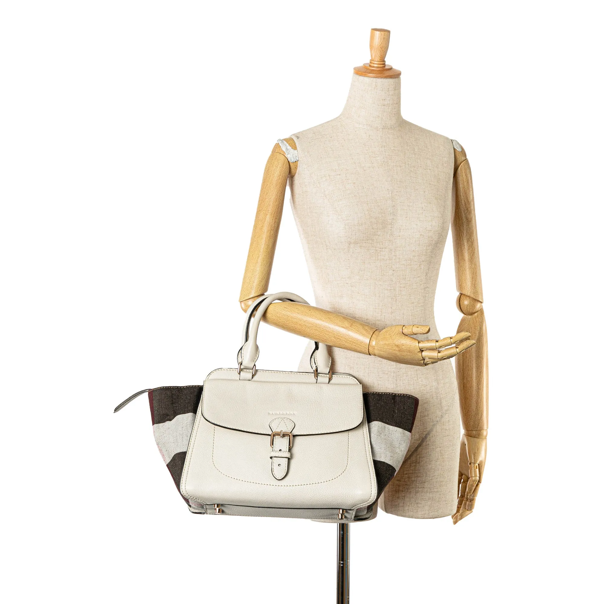 White Burberry Mega Check Trimmed Leather Harcourt Satchel