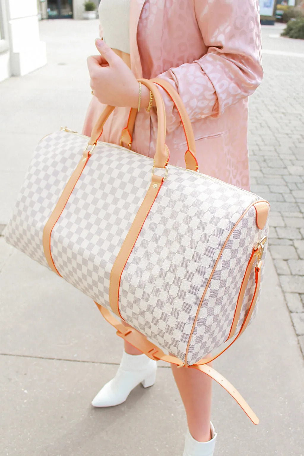 White Checkered Pattern Weekend Duffle Bag