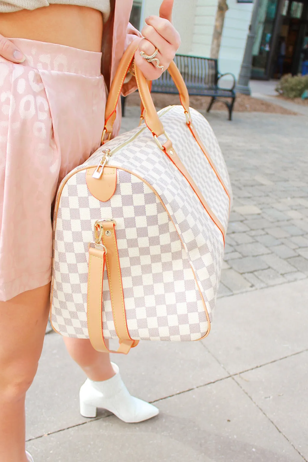 White Checkered Pattern Weekend Duffle Bag