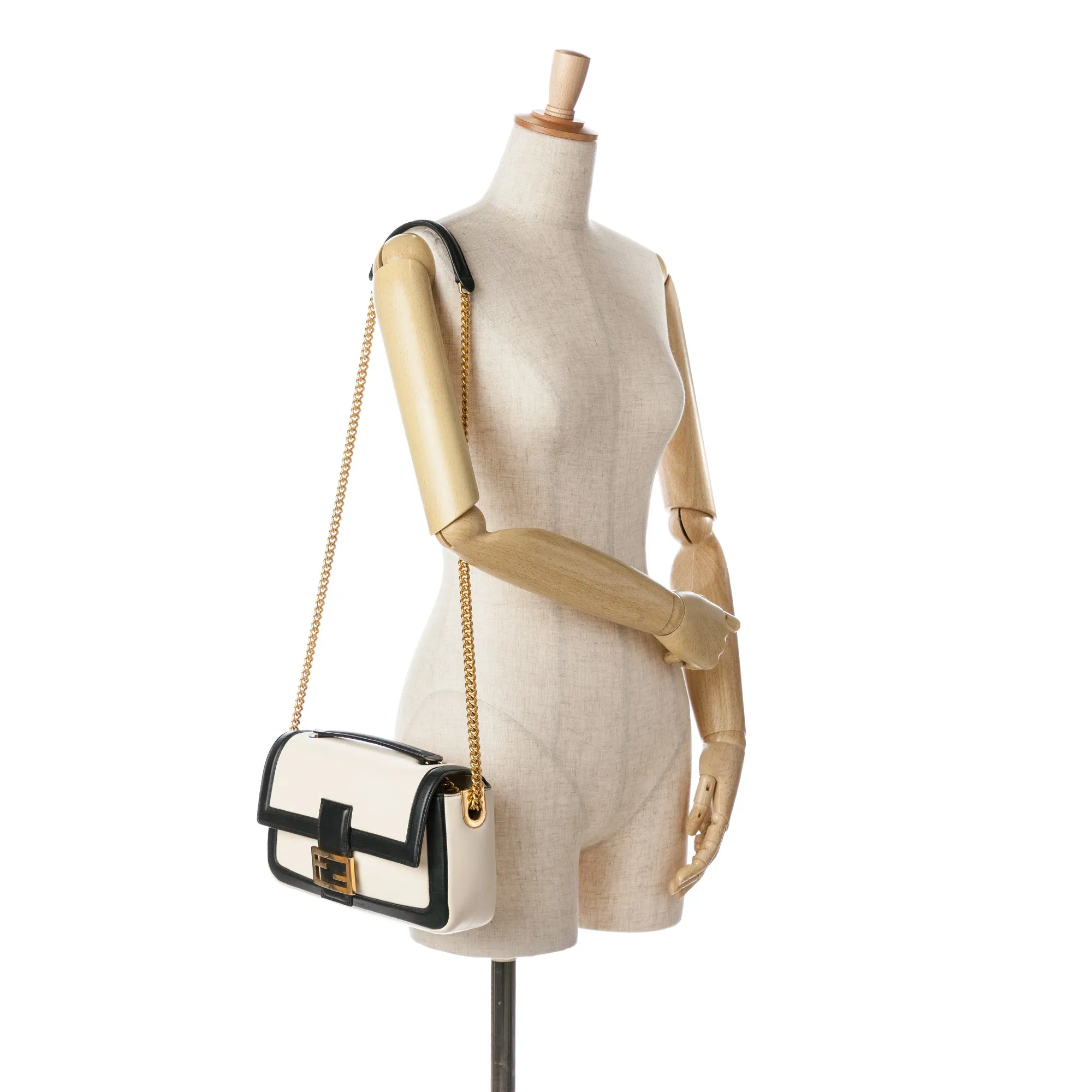 White Fendi Bicolor Leather Chain Midi Baguette Shoulder Bag