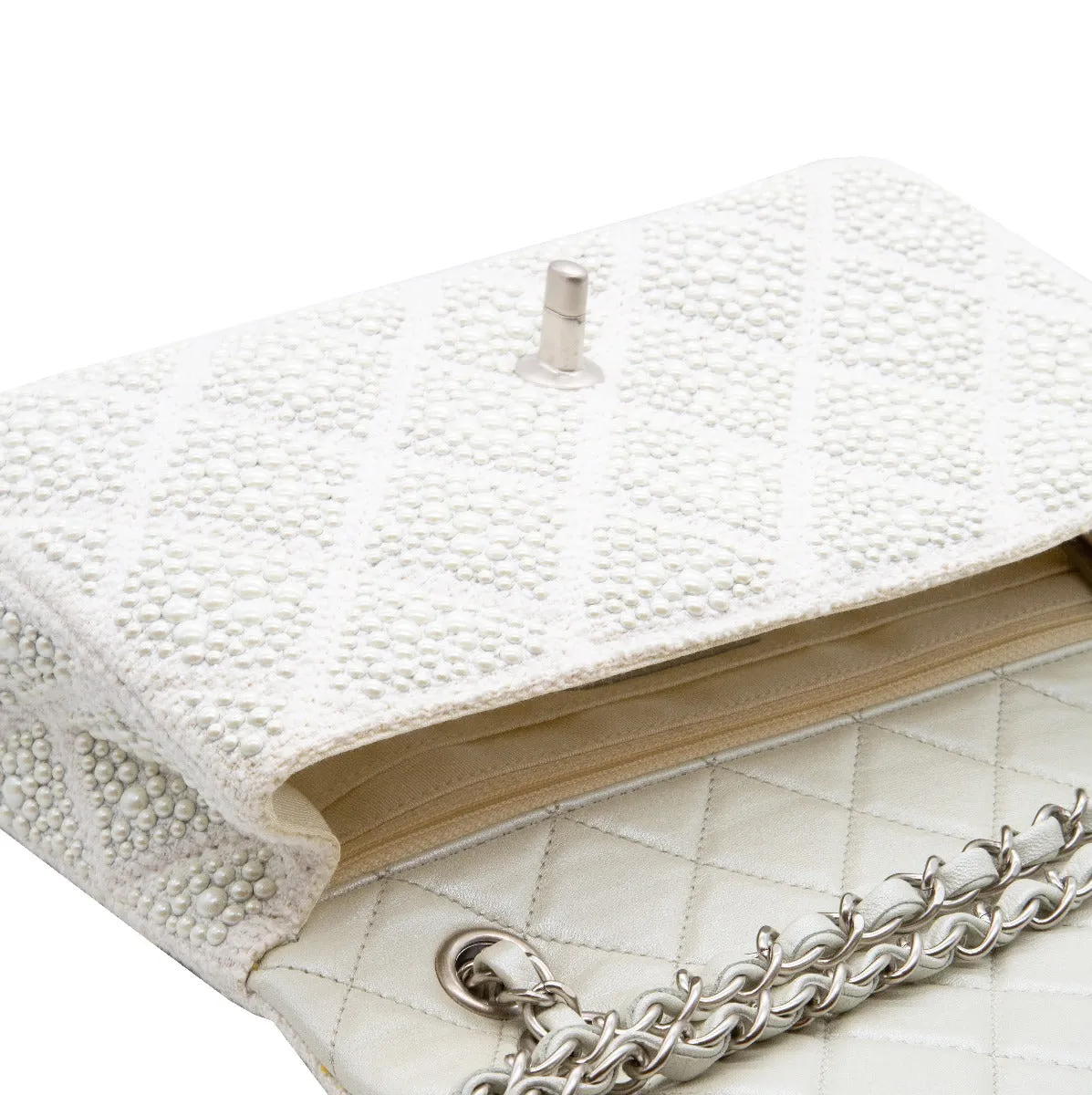 White Pearl Embellished Flap Bag