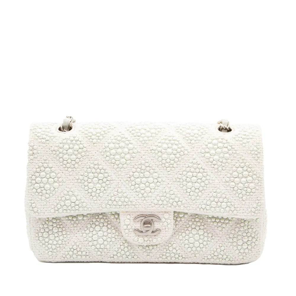 White Pearl Embellished Flap Bag