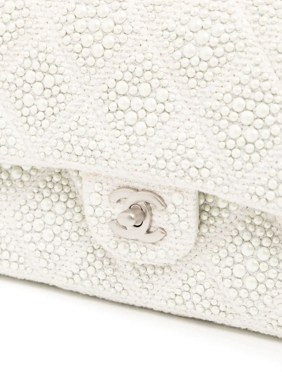 White Pearl Embellished Flap Bag