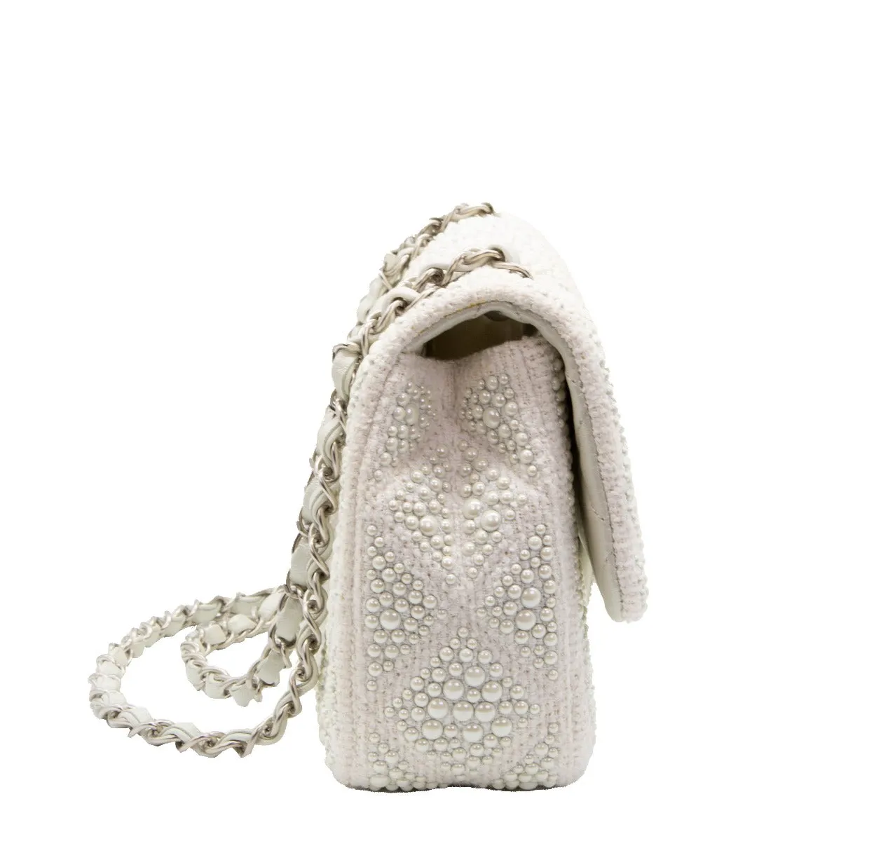 White Pearl Embellished Flap Bag