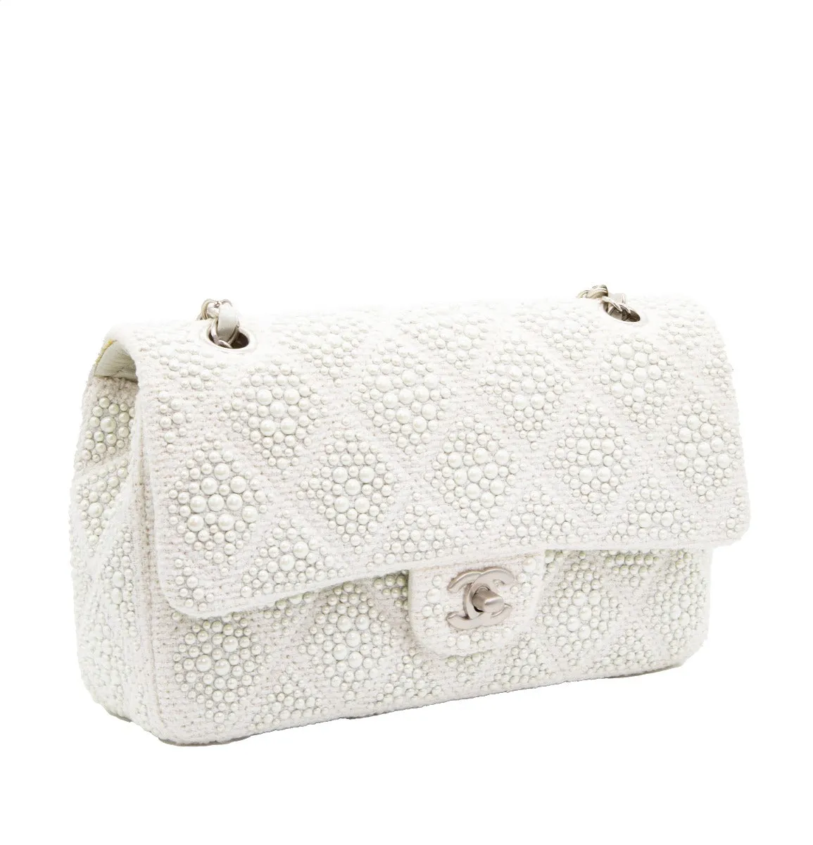 White Pearl Embellished Flap Bag