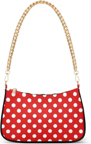White Polka Dot Red Shoulder Handbags for Women Travel Hobo Tote Handbag Women Gold Chain Shoulder Bags Purse with Zipper Closure