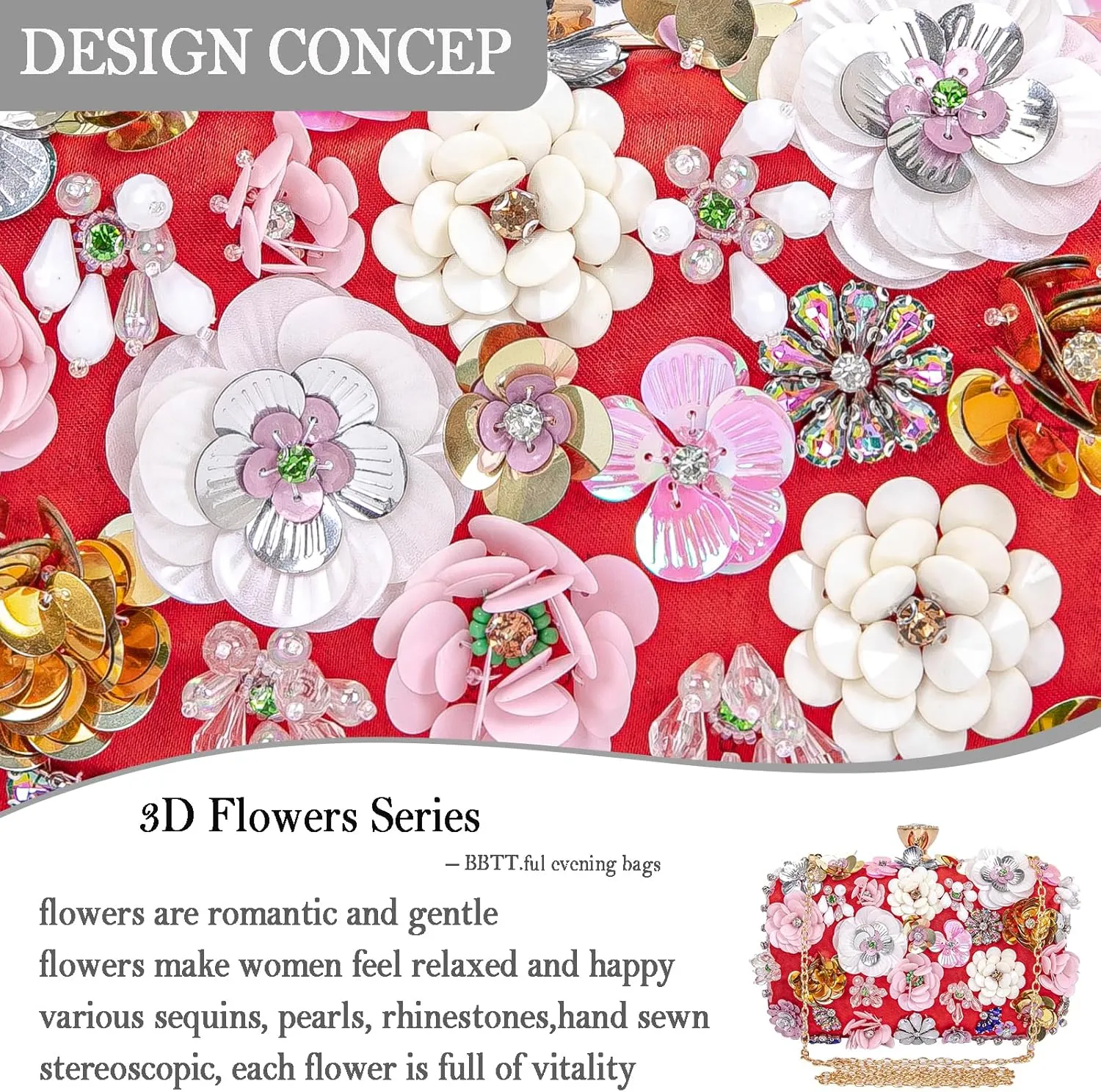 Women Clutches Flower Evening Handbag Chain Strap Shoulder Bag handbag Wedding bag purse
