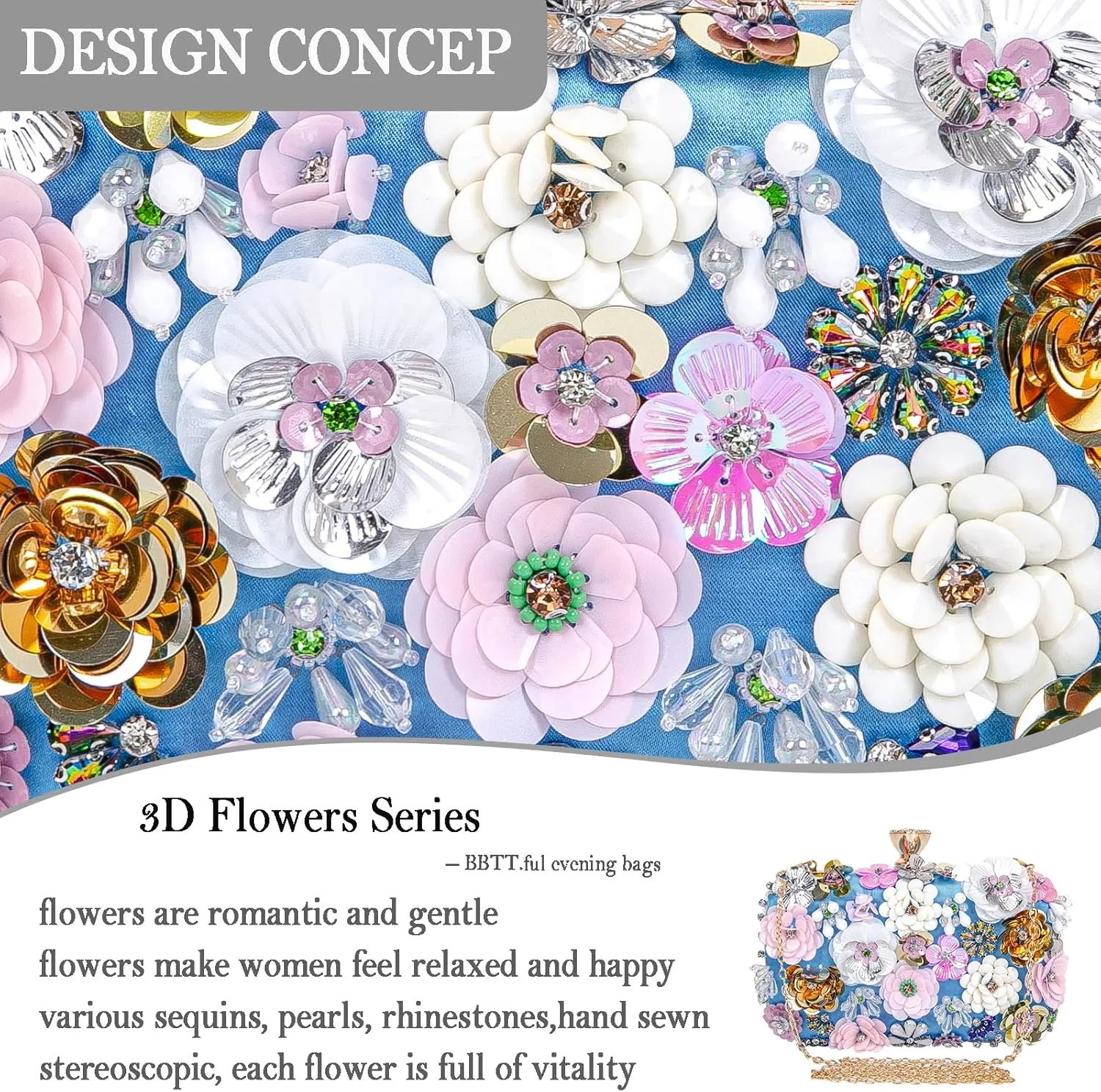 Women Clutches Flower Evening Handbag Chain Strap Shoulder Bag handbag Wedding bag purse