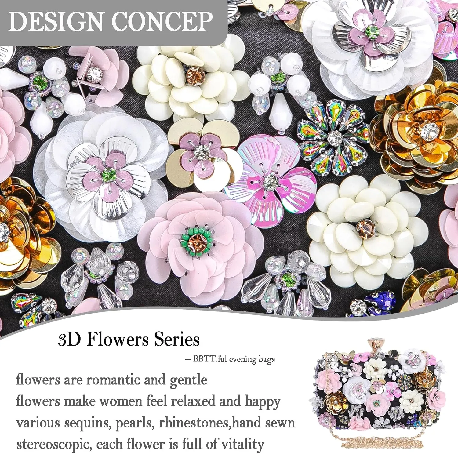 Women Clutches Flower Evening Handbag Chain Strap Shoulder Bag handbag Wedding bag purse