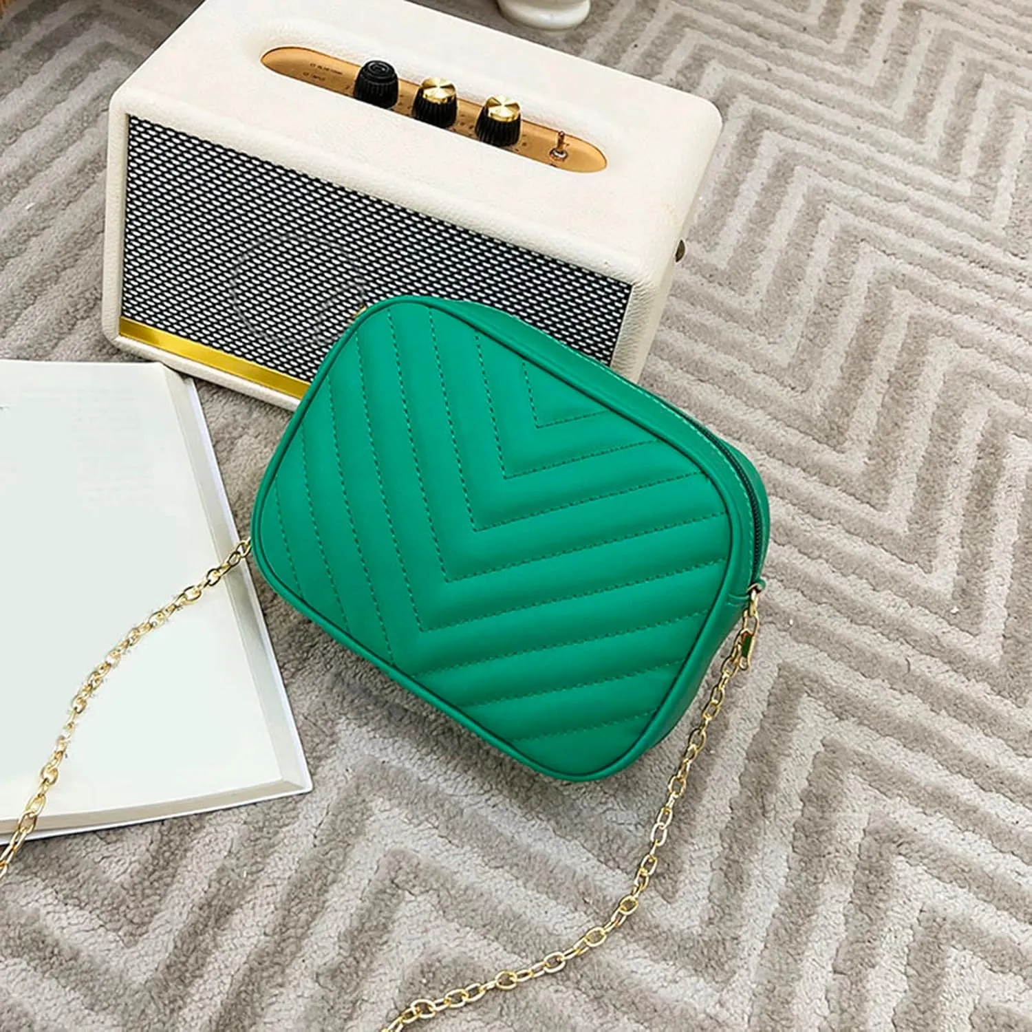 Women Messenger Bag Fashion Simple Trend Chain Shoulder Bag Purse Practical Messenger Bags Hooks (Green, One Size)